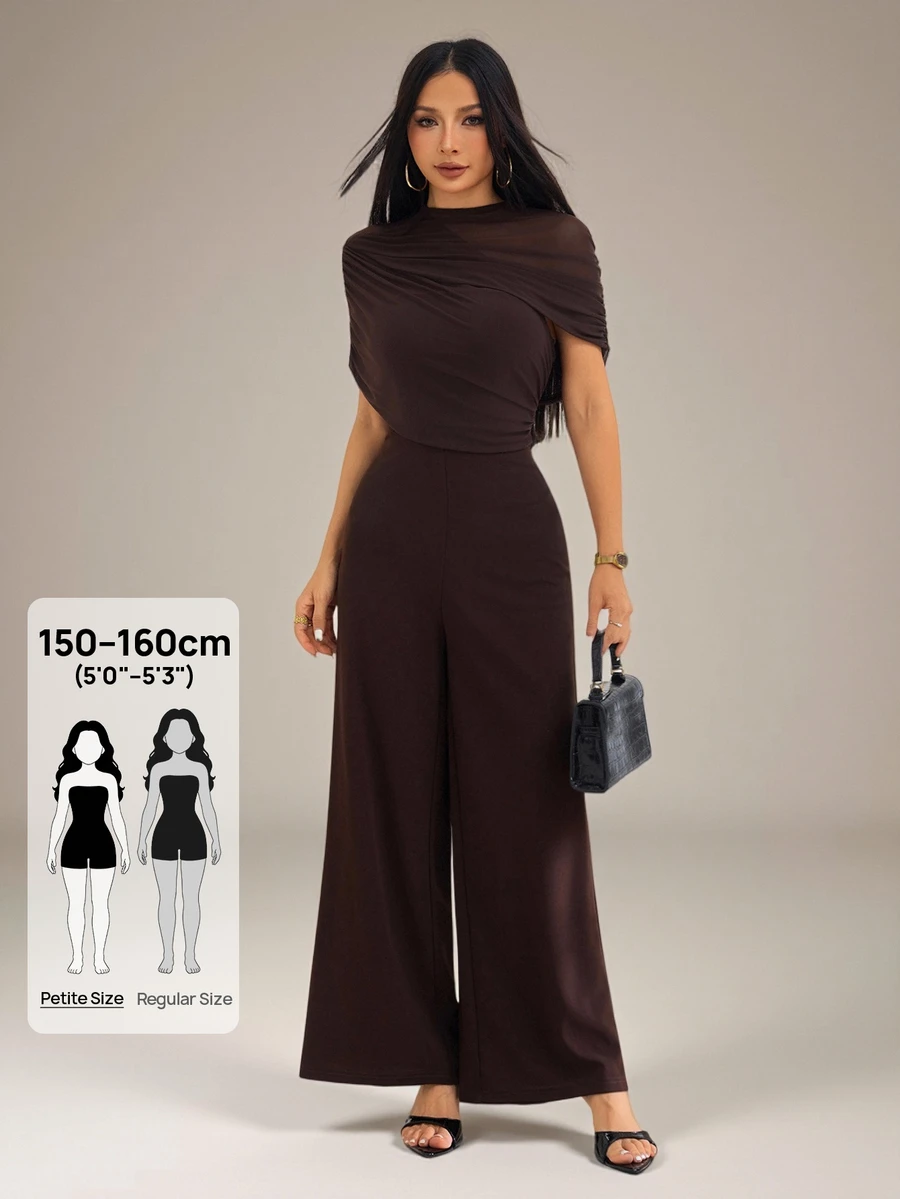 SHEIN PETITE Jumpsuit phối lưới tay ngắn thanh lịch màu trơn, xuân/hè