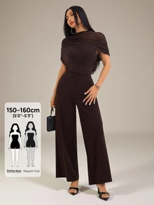 SHEIN PETITE Jumpsuit phối lưới tay ngắn thanh lịch màu trơn, xuân/hè - màu nâu - Xem 4