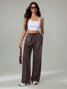 SHEIN Tall 波點女款梭織抽繩腰寬腿長褲，夏季聖誕新年度假休閒款，適合高個女性 - 棕色 - 查看 10