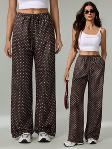 SHEIN Tall 波點女款梭織抽繩腰寬腿長褲，夏季聖誕新年度假休閒款，適合高個女性 - 棕色 - 查看 4
