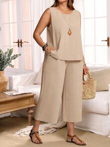 Rosumi 2pcs Set Plus Size Women's Summer Khaki Smart Casual Everyday Solid Color Round Neck Sleeveless Tank Top And Wide Leg Cropped Pants With Pockets, Boho - Khaki - View 15