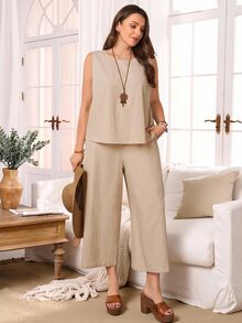 Rosumi 2pcs Set Plus Size Women's Summer Khaki Smart Casual Everyday Solid Color Round Neck Sleeveless Tank Top And Wide Leg Cropped Pants With Pockets, Boho - Khaki - View 5