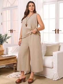 Rosumi 2pcs Set Plus Size Women's Summer Khaki Smart Casual Everyday Solid Color Round Neck Sleeveless Tank Top And Wide Leg Cropped Pants With Pockets, Boho - Khaki - View 6