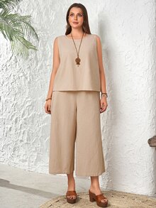 Rosumi 2pcs Set Plus Size Women's Summer Khaki Smart Casual Everyday Solid Color Round Neck Sleeveless Tank Top And Wide Leg Cropped Pants With Pockets, Boho - Khaki - View 10