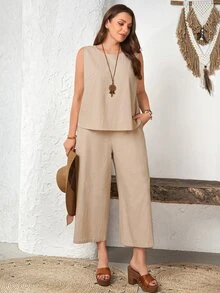 Rosumi 2pcs Set Plus Size Women's Summer Khaki Smart Casual Everyday Solid Color Round Neck Sleeveless Tank Top And Wide Leg Cropped Pants With Pockets, Boho - Khaki - View 12