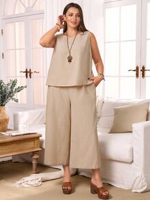 Rosumi 2pcs Set Plus Size Women's Summer Khaki Smart Casual Everyday Solid Color Round Neck Sleeveless Tank Top And Wide Leg Cropped Pants With Pockets, Boho - Khaki - View 16