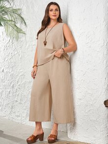Rosumi 2pcs Set Plus Size Women's Summer Khaki Smart Casual Everyday Solid Color Round Neck Sleeveless Tank Top And Wide Leg Cropped Pants With Pockets, Boho - Khaki - View 13