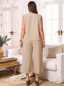 Rosumi 2pcs Set Plus Size Women's Summer Khaki Smart Casual Everyday Solid Color Round Neck Sleeveless Tank Top And Wide Leg Cropped Pants With Pockets, Boho - Khaki - View 2