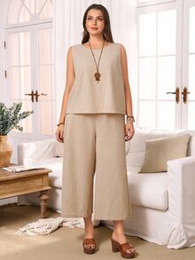 Rosumi 2pcs Set Plus Size Women's Summer Khaki Smart Casual Everyday Solid Color Round Neck Sleeveless Tank Top And Wide Leg Cropped Pants With Pockets, Boho - Khaki - View 3