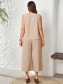 Rosumi 2pcs Set Plus Size Women's Summer Khaki Smart Casual Everyday Solid Color Round Neck Sleeveless Tank Top And Wide Leg Cropped Pants With Pockets, Boho - Khaki - View 9