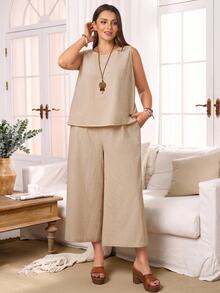 Rosumi 2pcs Set Plus Size Women's Summer Khaki Smart Casual Everyday Solid Color Round Neck Sleeveless Tank Top And Wide Leg Cropped Pants With Pockets, Boho - Khaki - View 1