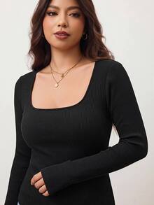 Enliva Plus Size Women's High Elastic Slim Fit Square Neck Long Sleeve T-Shirt, Skin-Friendly Black Smart Casual Everyday Tee Compatible With Apple Rounded Body - Black - View 6