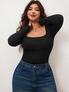 Enliva Plus Size Women's High Elastic Slim Fit Square Neck Long Sleeve T-Shirt, Skin-Friendly Black Smart Casual Everyday Tee Compatible With Apple Rounded Body - Black - View 3