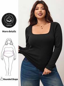 Enliva Plus Size Women's High Elastic Slim Fit Square Neck Long Sleeve T-Shirt, Skin-Friendly Black Smart Casual Everyday Tee Compatible With Apple Rounded Body - Black - View 2