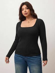 Enliva Plus Size Women's High Elastic Slim Fit Square Neck Long Sleeve T-Shirt, Skin-Friendly Black Smart Casual Everyday Tee Compatible With Apple Rounded Body - Black - View 8