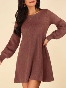 Coeurva Lantern Sleeve Sweater Dress In Fall/Winter - Rust Brown - View 3