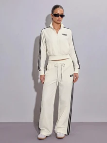 SHEIN ICON Women's Beige Casual Striped Contrast Color Drawstring Waist Denim Long Pants For Daily Wear - Apricot - View 5