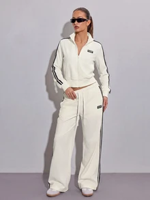 SHEIN ICON Women's Beige Casual Striped Contrast Color Drawstring Waist Denim Long Pants For Daily Wear - Apricot - View 4