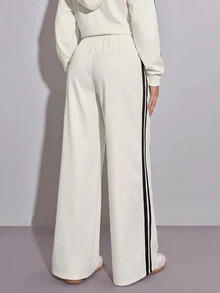 SHEIN ICON Women's Beige Casual Striped Contrast Color Drawstring Waist Denim Long Pants For Daily Wear - Apricot - View 2