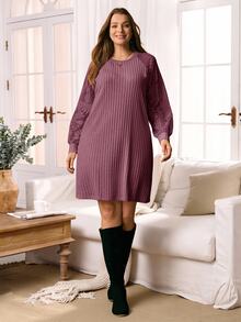 Rosumi Vestido casual holgado de manga larga, cuello redondo y costilla de unicolor para tallas grandes - Morado - Ver 3