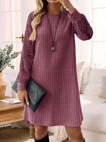 Rosumi Vestido casual holgado de manga larga, cuello redondo y costilla de unicolor para tallas grandes - Morado - Ver 2