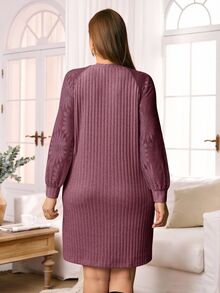 Rosumi Vestido casual holgado de manga larga, cuello redondo y costilla de unicolor para tallas grandes - Morado - Ver 4