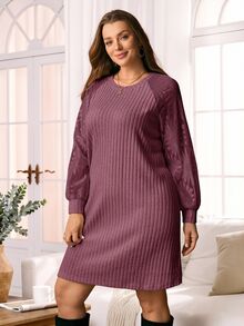 Rosumi Vestido casual holgado de manga larga, cuello redondo y costilla de unicolor para tallas grandes - Morado - Ver 7