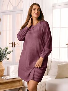 Rosumi Vestido casual holgado de manga larga, cuello redondo y costilla de unicolor para tallas grandes - Morado - Ver 1