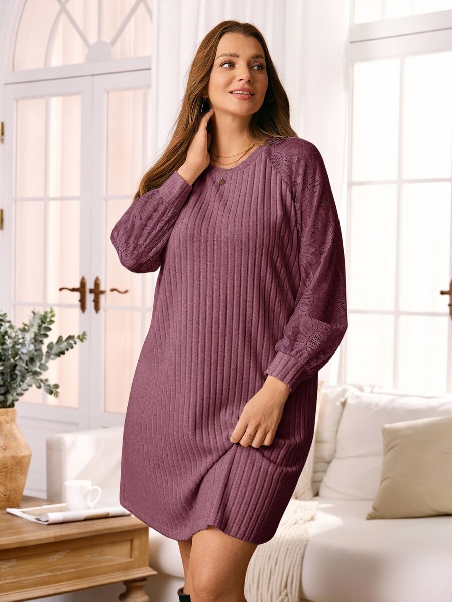Rosumi Vestido casual holgado de manga larga, cuello redondo y costilla de unicolor para tallas grandes - Morado - Ver 1