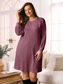 Rosumi Vestido casual holgado de manga larga, cuello redondo y costilla de unicolor para tallas grandes - Morado - Ver 5