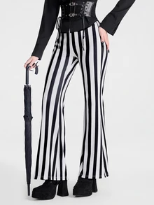 Breakform Women's Gothic Goth Wide Stripe Flare Pants, Autumn Punk Digital Print Slim Fit Elastic Waist Party Clubbing Halloween Black And White Striped - Black and White - View 1
