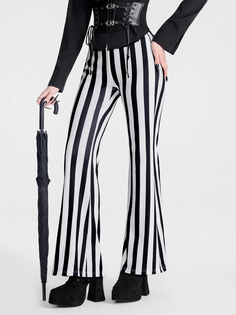 Breakform Women's Gothic Goth Wide Stripe Flare Pants, Autumn Punk Digital Print Slim Fit Elastic Waist Party Clubbing Halloween Black And White Striped - Black and White - View 1