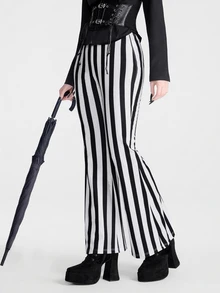 Breakform Women's Gothic Goth Wide Stripe Flare Pants, Autumn Punk Digital Print Slim Fit Elastic Waist Party Clubbing Halloween Black And White Striped - Black and White - View 6