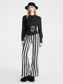 Breakform Women's Gothic Goth Wide Stripe Flare Pants, Autumn Punk Digital Print Slim Fit Elastic Waist Party Clubbing Halloween Black And White Striped - Black and White - View 4