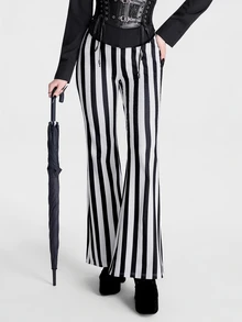 Breakform Women's Gothic Goth Wide Stripe Flare Pants, Autumn Punk Digital Print Slim Fit Elastic Waist Party Clubbing Halloween Black And White Striped - Black and White - View 5