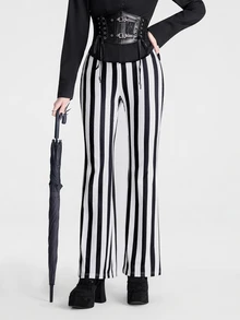 Breakform Women's Gothic Goth Wide Stripe Flare Pants, Autumn Punk Digital Print Slim Fit Elastic Waist Party Clubbing Halloween Black And White Striped - Black and White - View 3
