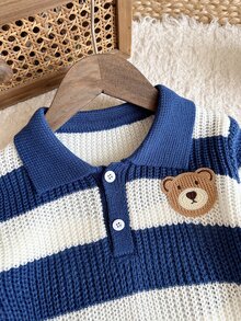 LMoss Kids 男嬰針織條紋熊圖案 Polo 領休閒毛衣 - 彩色 - 查看 3