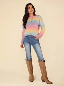 Coeurva Drop Shoulder Ombre Sweater,Long Sleeve Tops In Fall/Winter - Multicolor - View 5