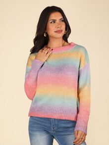 Coeurva Drop Shoulder Ombre Sweater,Long Sleeve Tops In Fall/Winter - Multicolor - View 7