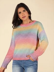 Coeurva Drop Shoulder Ombre Sweater,Long Sleeve Tops In Fall/Winter - Multicolor - View 3