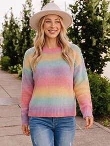 Coeurva Drop Shoulder Ombre Sweater,Long Sleeve Tops In Fall/Winter - Multicolor - View 1