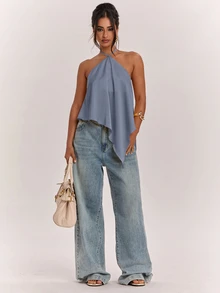SHEIN BAE Women's Casual Vacation Halter Neck Backless Asymmetrical Hem Yellow Solid Satin Tank Top, Suitable For Beach Vacation, Seaside Holiday, Sister Casual Vacation, Elegant Tank Top, Practical Satin Tank Top, Yellow Satin Tank Top, Elegant Tank Top - Dusty Blue - View 7