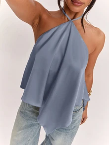 SHEIN BAE Women's Casual Vacation Halter Neck Backless Asymmetrical Hem Yellow Solid Satin Tank Top, Suitable For Beach Vacation, Seaside Holiday, Sister Casual Vacation, Elegant Tank Top, Practical Satin Tank Top, Yellow Satin Tank Top, Elegant Tank Top - Dusty Blue - View 3