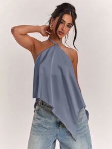 SHEIN BAE Women's Casual Vacation Halter Neck Backless Asymmetrical Hem Yellow Solid Satin Tank Top, Suitable For Beach Vacation, Seaside Holiday, Sister Casual Vacation, Elegant Tank Top, Practical Satin Tank Top, Yellow Satin Tank Top, Elegant Tank Top - Dusty Blue - View 5
