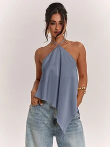 SHEIN BAE Women's Casual Vacation Halter Neck Backless Asymmetrical Hem Yellow Solid Satin Tank Top, Suitable For Beach Vacation, Seaside Holiday, Sister Casual Vacation, Elegant Tank Top, Practical Satin Tank Top, Yellow Satin Tank Top, Elegant Tank Top - Dusty Blue - View 4