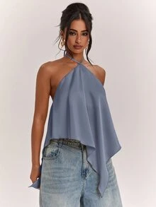 SHEIN BAE Women's Casual Vacation Halter Neck Backless Asymmetrical Hem Yellow Solid Satin Tank Top, Suitable For Beach Vacation, Seaside Holiday, Sister Casual Vacation, Elegant Tank Top, Practical Satin Tank Top, Yellow Satin Tank Top, Elegant Tank Top - Dusty Blue - View 6