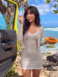 Sweetina Autumn Rabbit Academy Style French Coastal Lace Trim Patchwork V-Neck White And Brown Cami Dress + Long Sleeve Cardigan 2 Pieces Set Vacation - Apricot - View 3