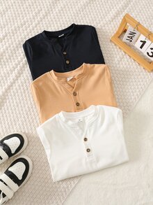 SHEIN Young Boy 3pcs Knit Solid Color Crew Neck Casual T-Shirt Set, Autumn/Winter - Multicolor - View 1