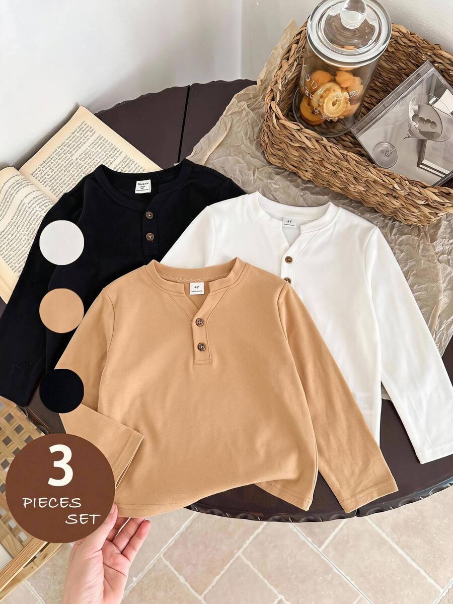 SHEIN طقم تي شيرت كاجوال بياقة دائرية من 3 قطع محبوكة بلون موحد للأولاد الصغار، خريف/شتاء - متعدد الألوان - مشاهدة 1