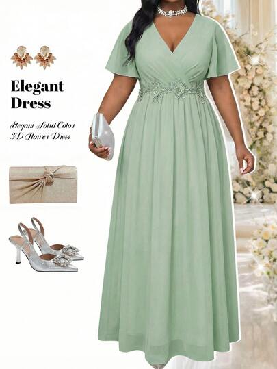 Fleurora Vestido elegante verde menta de talla grande con decoración de cintura con flores 3D
